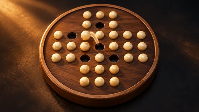 Peg Solitaire cover with golden pegs on a cross-shaped wooden board