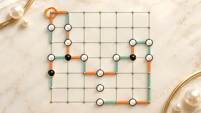 Perla Loop cover with white and black pearls linked by teal and orange path segments