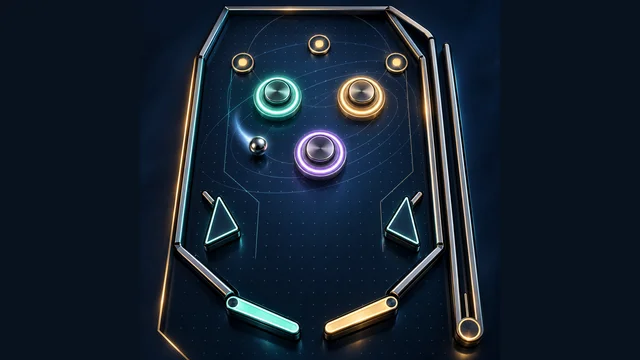 Pinball Orbit cover with a steel ball, glowing bumpers and flippers on a space themed table