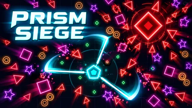 Prism Siege: a cyan neon geometric core surrounded by red enemies and a large boss.