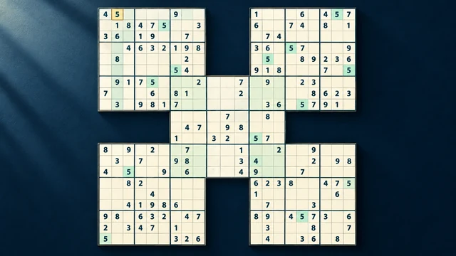 Samurai Sudoku cover with five overlapping number grids against a blue background