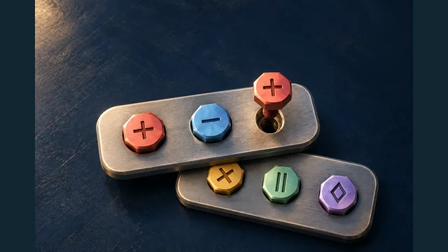Screw Workshop cover with colourful screws and stacked metal plates