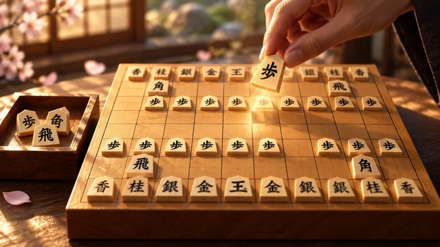 Shogi cover with a hand holding a pawn above a wooden board