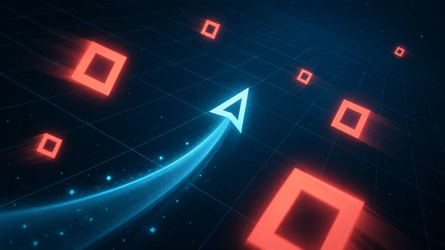 Signal Drift cover with a cyan triangular ship crossing a dark grid between red obstacles