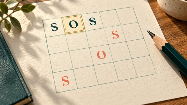 SOS Paper and Pencil cover with teal and coral letters on a paper grid