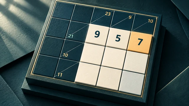Sumline Cross Sums cover with cream 9, 5 and 7 tiles beside clues in dark blue cells