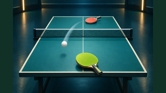 Table Tennis cover showing two paddles and a ball above a green table