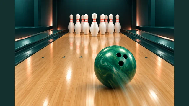 Bowling Club cover with a green ball and white pins at the end of a wooden lane