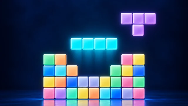 Tetris cover with glowing cyan and violet pieces above a stack of colourful blocks
