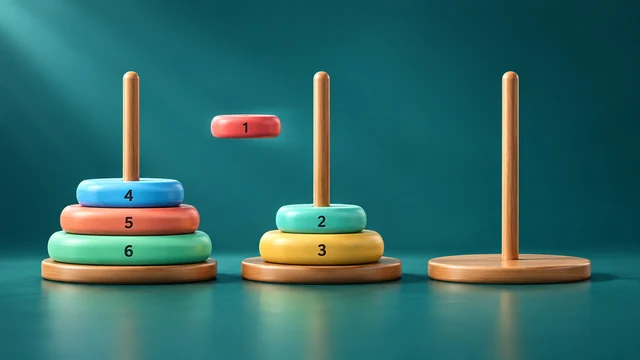 Tower of Hanoi cover with six colored disks and three wooden pegs