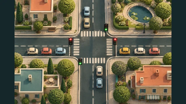 Traffic Controller cover with traffic lights and cars at a top-down intersection