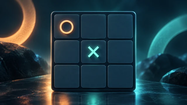 Tic-Tac-Toe cover with a mint cross and a peach ring on a dark nine-cell board