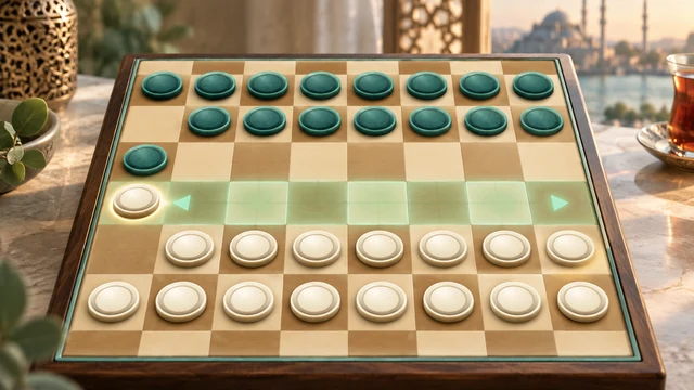 Turkish Draughts cover with jade and ivory counters on a wooden board