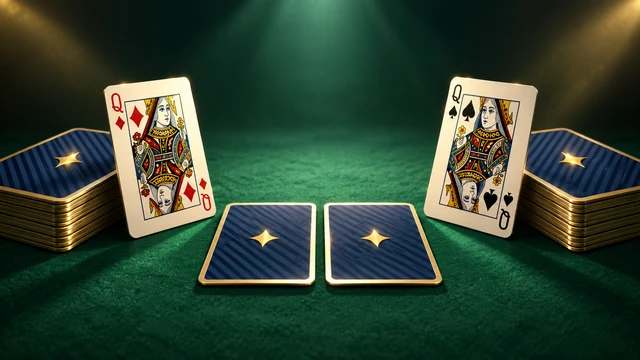 War card game cover with two opposing queens and blue decks on green felt