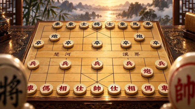 Xiangqi cover with red and black round pieces on either side of the board's river