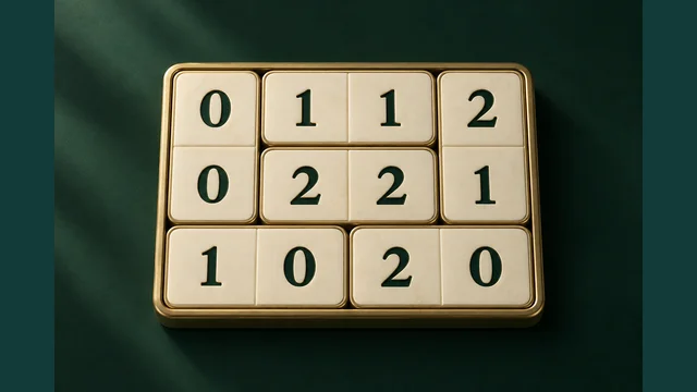 Dominosa cover with gold-edged numbered pieces against a green background