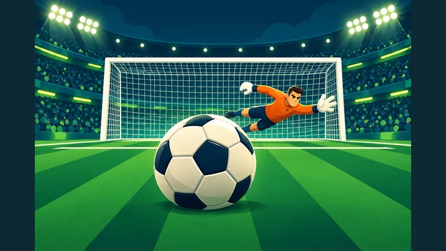 Penalty Shootout cover with a football, penalty spot and floodlit goal